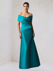 A Line Off The Shoulder Floor Length Satin Mother Of The Bride Dress