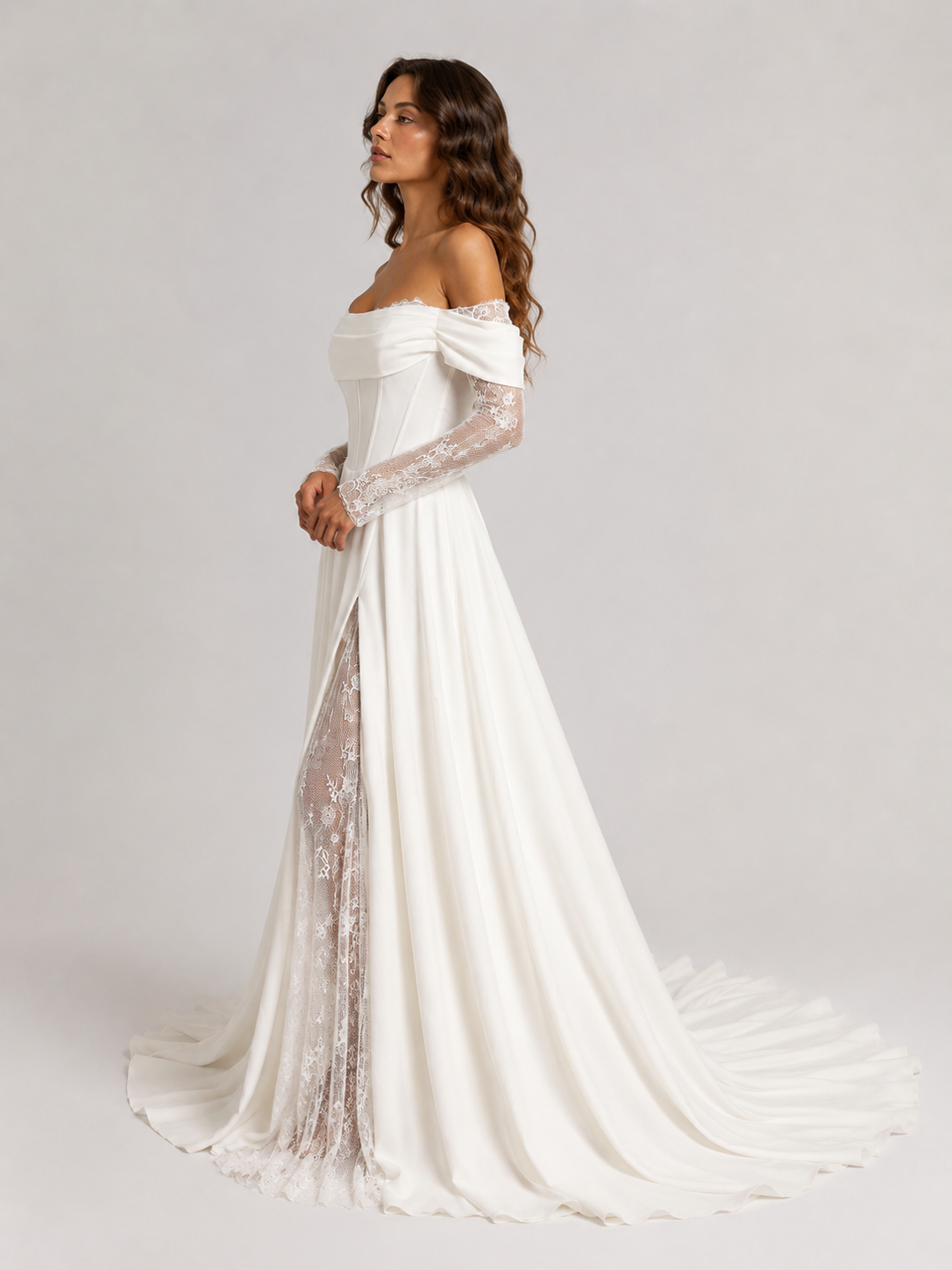 Elegant Off-the-Shoulder Corset Satin A-Line Wedding Dress with Lace Sleeves and High Slit