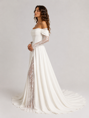 Elegant Off-the-Shoulder Corset Satin A-Line Wedding Dress with Lace Sleeves and High Slit