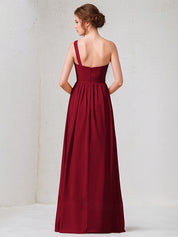 Burgundy A-Line One-Shoulder Floor-length Chiffon Bridesmaid Dress