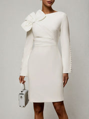 White Bow Long Sleeve Sheath Midi Dress