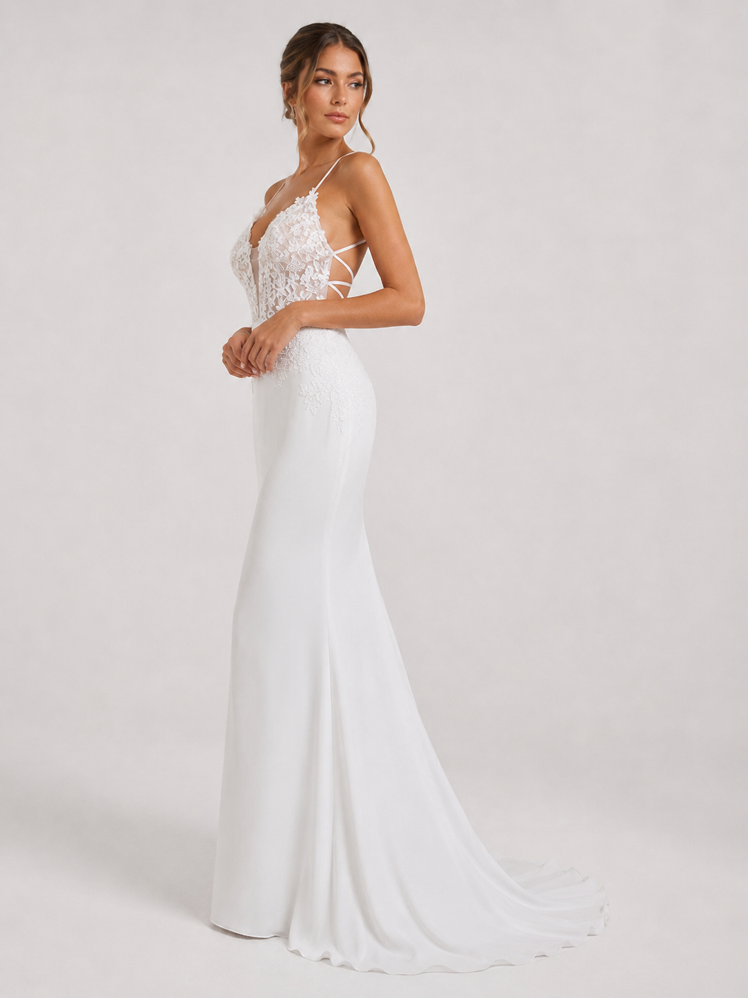 Elegant Spaghetti Strap Lace Applique Crepe Mermaid Wedding Dress with Chapel Train