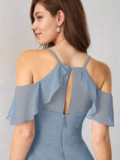 A Line Dusty Blue Chiffon Spaghetti Straps Short Sleeves Floor Length Dress With High Slit