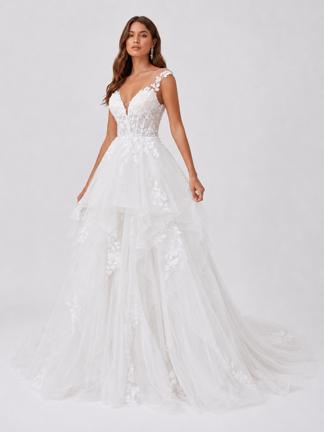 Elegant V-Neck Lace Applique Tulle A-Line Wedding Dress with Sweep Train
