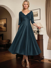 Dark Navy A-line V-Neck Tea-Length Matte Satin Mother of the Bride Dress With Pleated