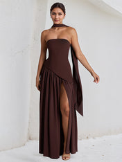 Elegant Mint Green Strapless Pleated Maxi Dress With Slit