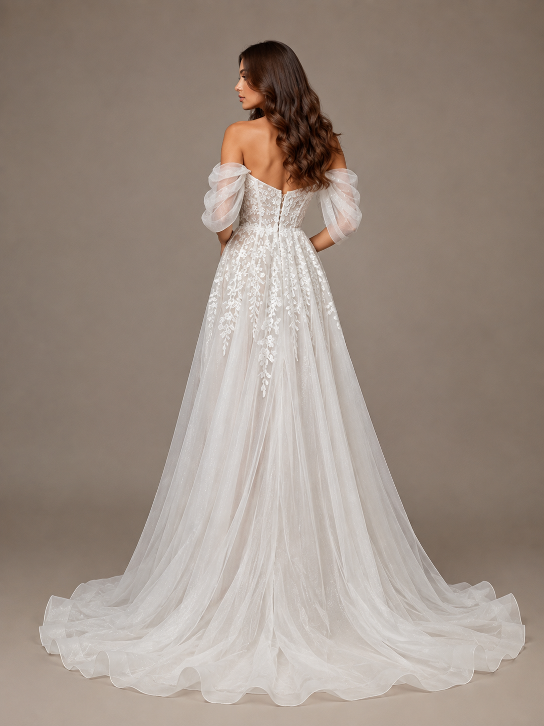 Off-The-Shoulder Sweetheart Lace Long Wedding Dresses with High Slit and Court Train