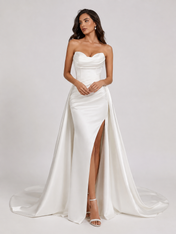 Elegant Strapless Ruched Satin Sheath Wedding Dress with High Slit and Chapel Train