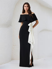 Sheath/Column Off The Shoulder Asymmetrical Length Dress With White Ruffles