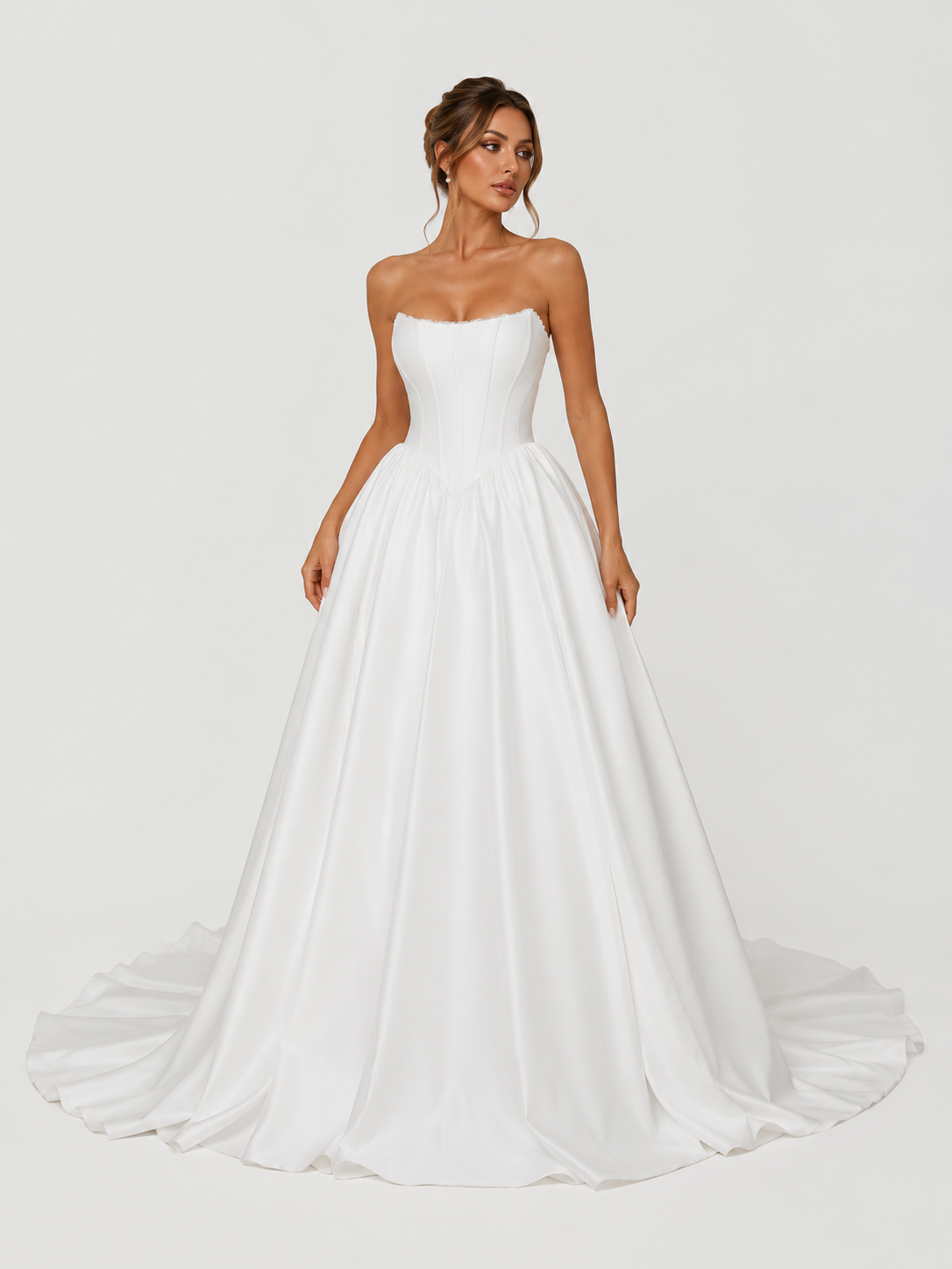 Elegant Strapless Corset Satin Ball Gown Wedding Dress with Chapel Train