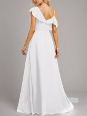 White A-Line Asymmetrical Floor-Length Chiffon Bridesmaid Dress With Ruffle