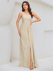 Ivory A Line Chiffon One Shoulder Sleeveless Floor Length Dress With High Slit