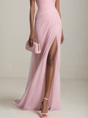 Pink Chiffon 3D Floral Slit One Shoulder Sleeveless Sheath Gown Dress