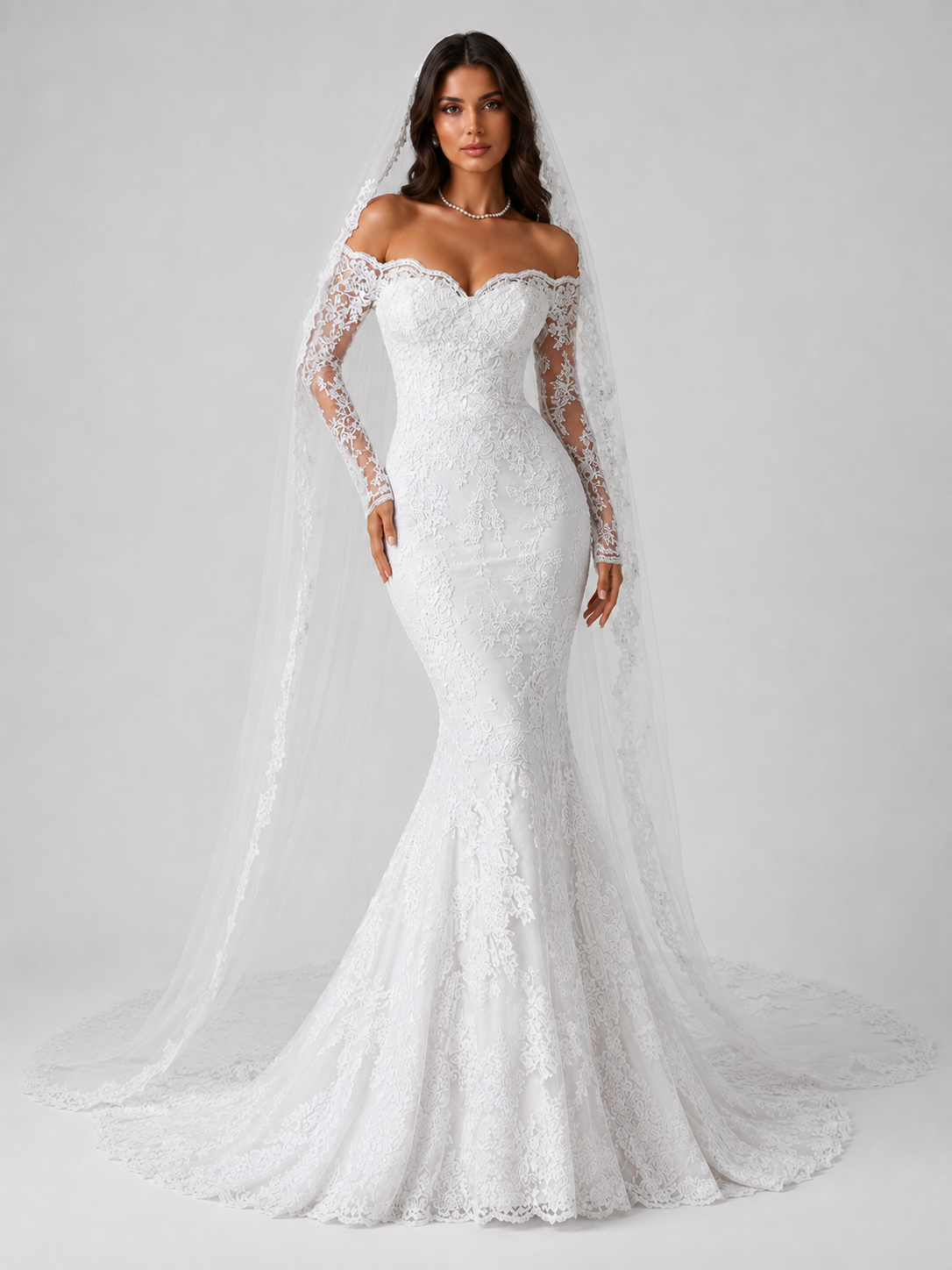 Elegant Lace Applique Off-the-Shoulder Mermaid Wedding Dress with Sweep Train