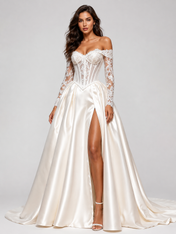 Elegant Off-the-Shoulder Lace Corset Satin A-Line Wedding Dress with High Slit and Chapel Train