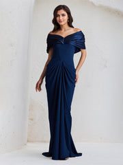 Royal Blue Sheath/Column Off The Shoulder Floor Length Stretch Crepe Dress