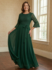 A-line Scoop Ankle-Length Lace Chiffon Mother of the Bride Dress With Bow