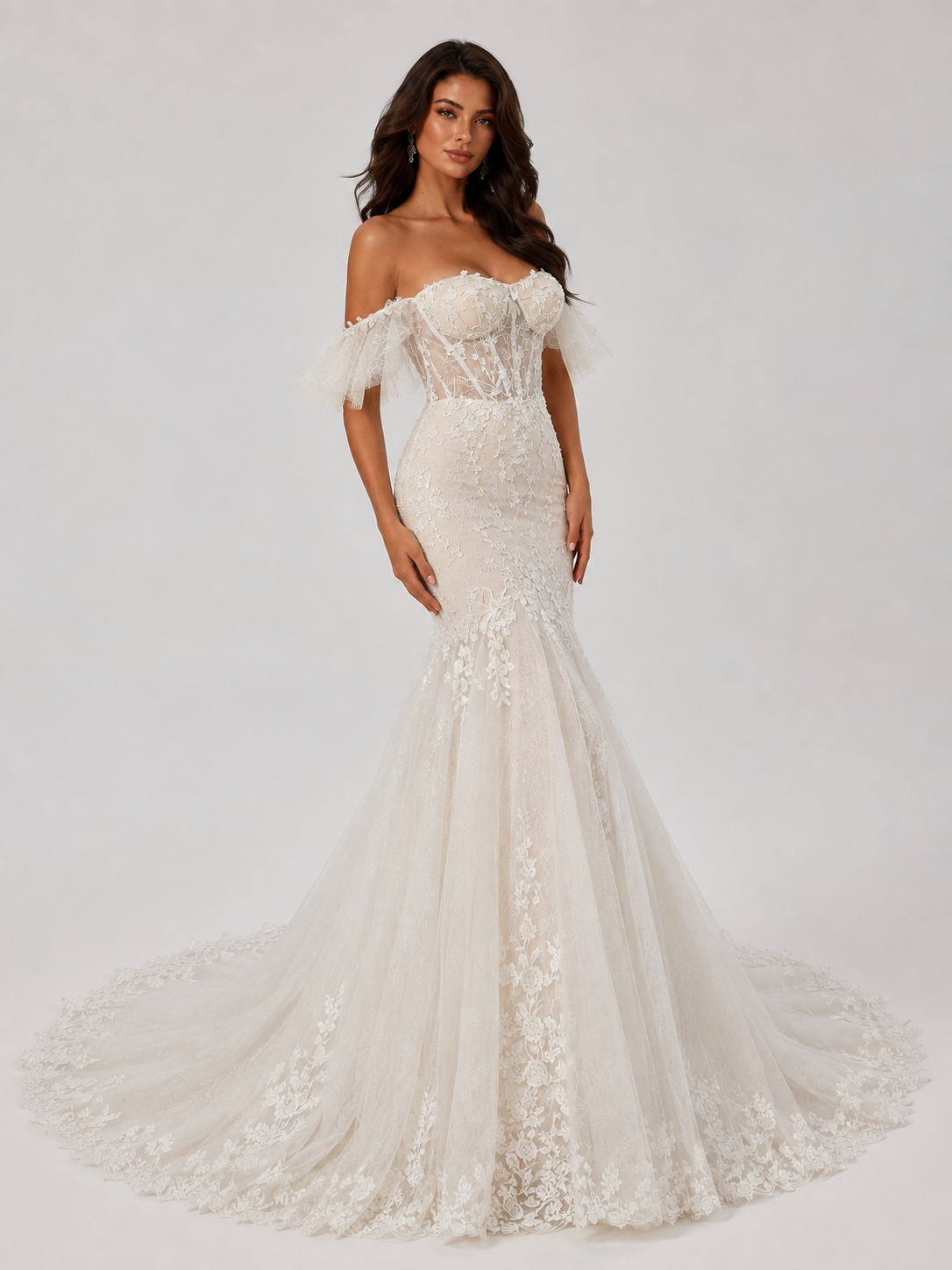 Elegant Off-the-Shoulder Corset Lace Mermaid Wedding Dress with Ruffled Sleeves and Chapel Train