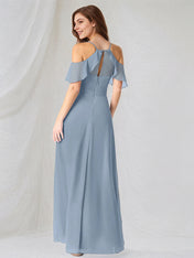 A Line Dusty Blue Chiffon Spaghetti Straps Short Sleeves Floor Length Dress With High Slit