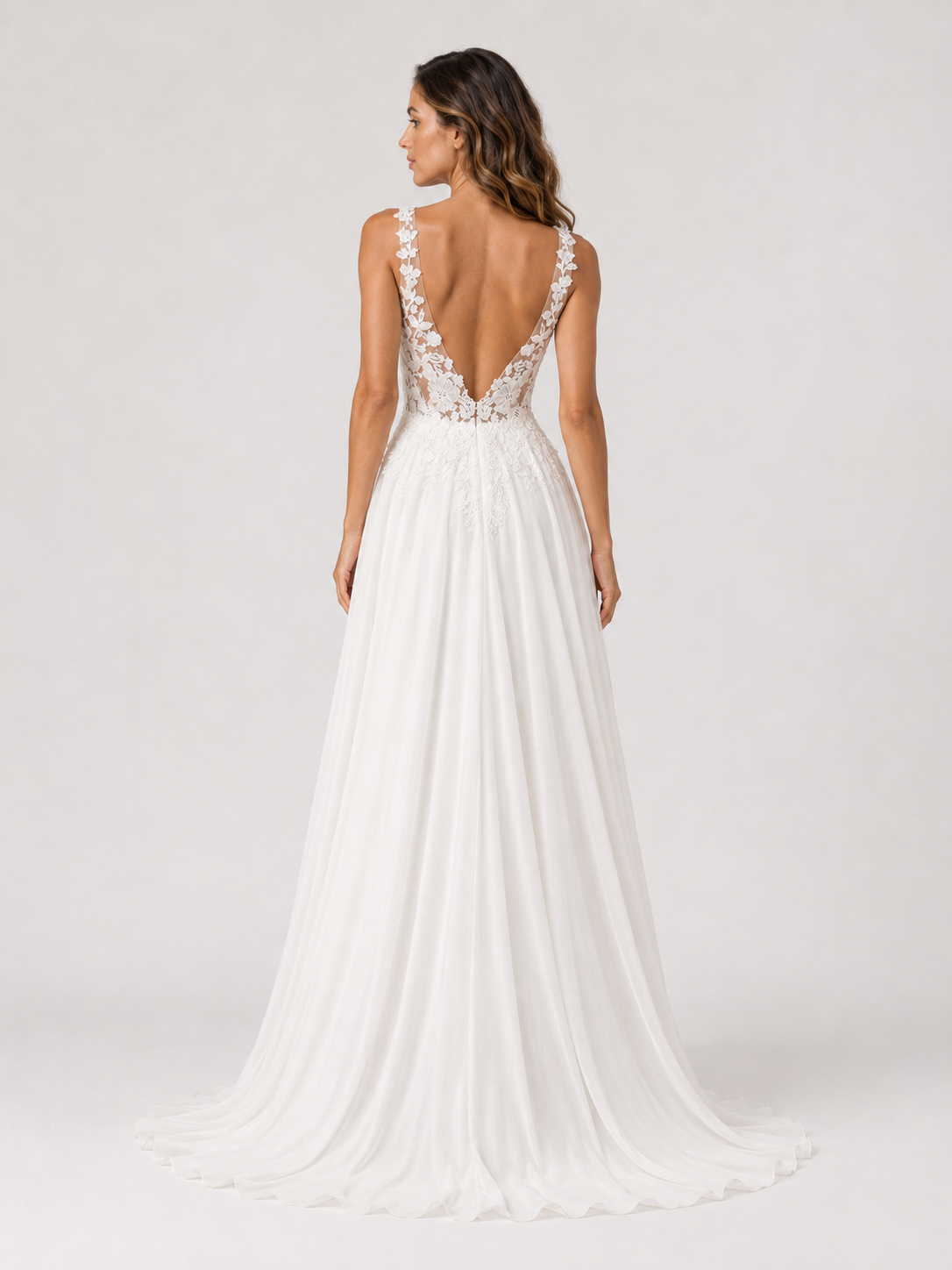 Elegant Floral Applique Chiffon A-Line Wedding Dress with Sweep Train