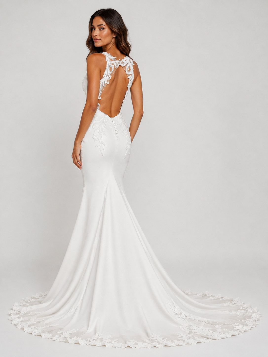 Elegant Square-Neck Lace Applique Satin Mermaid Wedding Dress with Sweep Train