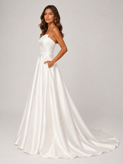 Elegant Strapless Straight-Neck Satin A-Line Wedding Dress with Pockets and Chapel Train