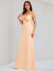 A Line Peach Pink Satin Spaghetti Straps Sleeveless Floor Length Dress With Bow