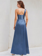 A Line Satin One Shoulder Sleeveless Floor Length Dress With Slit
