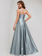 Dusty Blue Satin A Line Halter Neck Sleeveless Floor Length Bridesmaid Dress