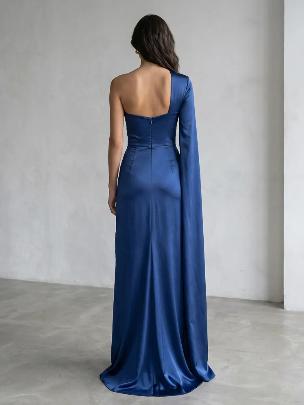 Royal Blue One-Shoulder Draped Satin Evening Dress