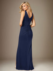 Dark Navy Chiffon V-Neck Sleeveless Floor Length Dress With High Slit