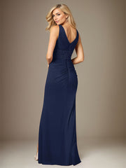 Dark Navy Chiffon V-Neck Sleeveless Floor Length Dress With High Slit