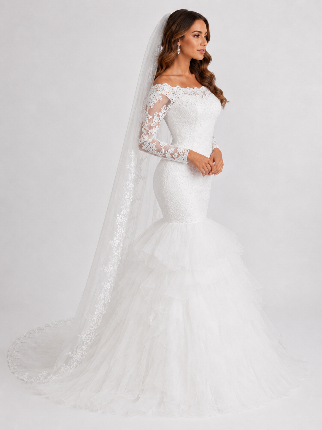 Elegant Off-the-Shoulder Lace Long-Sleeve Mermaid Wedding Dress with Ruffled Tiered Skirt and Chapel Train