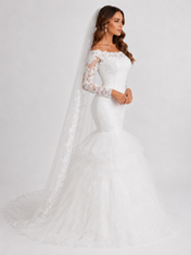 Elegant Off-the-Shoulder Lace Long-Sleeve Mermaid Wedding Dress with Ruffled Tiered Skirt and Chapel Train