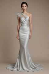 Evening Ball Silver Gray Dress One Shoulder Glitter Pleated Maxi Dress