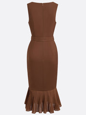 Brown Pleated Slit Classic Boat Neck Sleeveless Mermaid Midi Dress