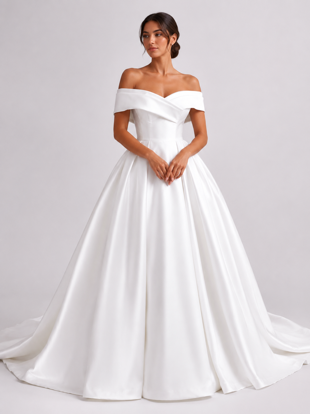 Elegant Off-The-Shoulder Satin Ball Gown Wedding Dress with Sweep Train