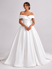 Elegant Off-The-Shoulder Satin Ball Gown Wedding Dress with Sweep Train