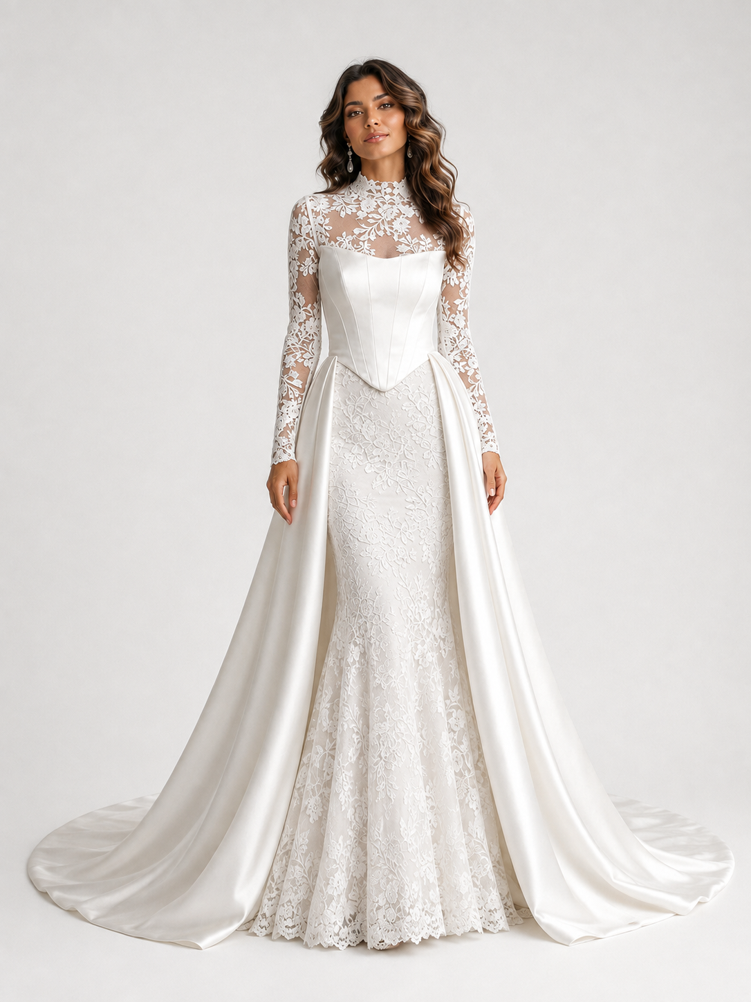 Elegant Lace Applique High Neck Mermaid Wedding Dress with Detachable Train