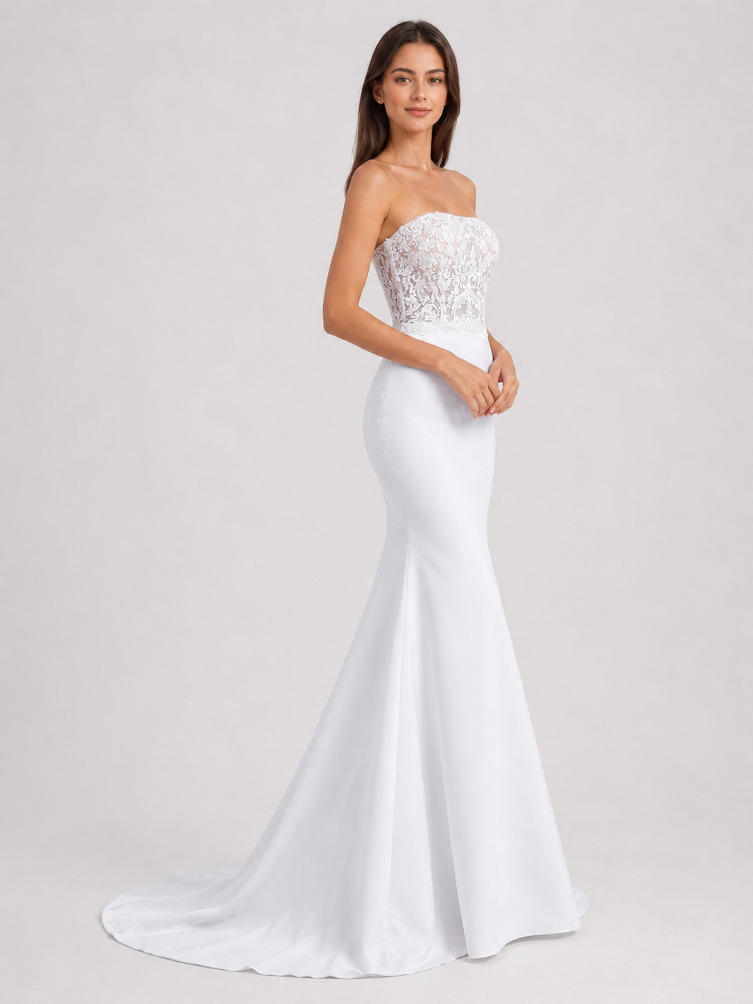 Elegant Strapless Lace Bodice Satin Mermaid Wedding Dress with Chapel Train