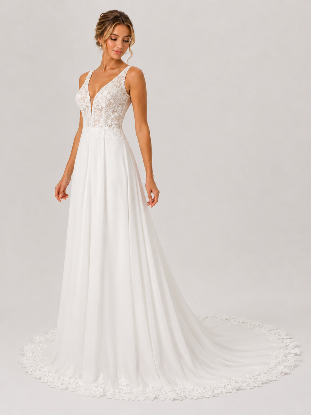 Elegant V-Neck Lace Bodice Chiffon A-Line Wedding Dress with Chapel Train