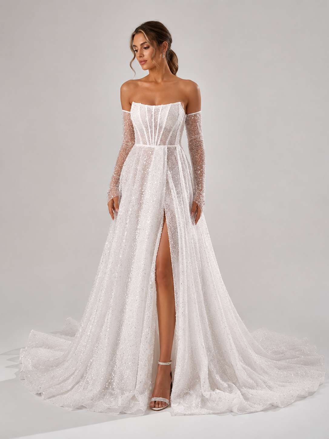 Elegant Off-the-Shoulder Sparkly Tulle A-Line Wedding Dress with High Slit and Chapel Train