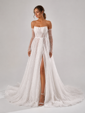 Elegant Off-the-Shoulder Sparkly Tulle A-Line Wedding Dress with High Slit and Chapel Train
