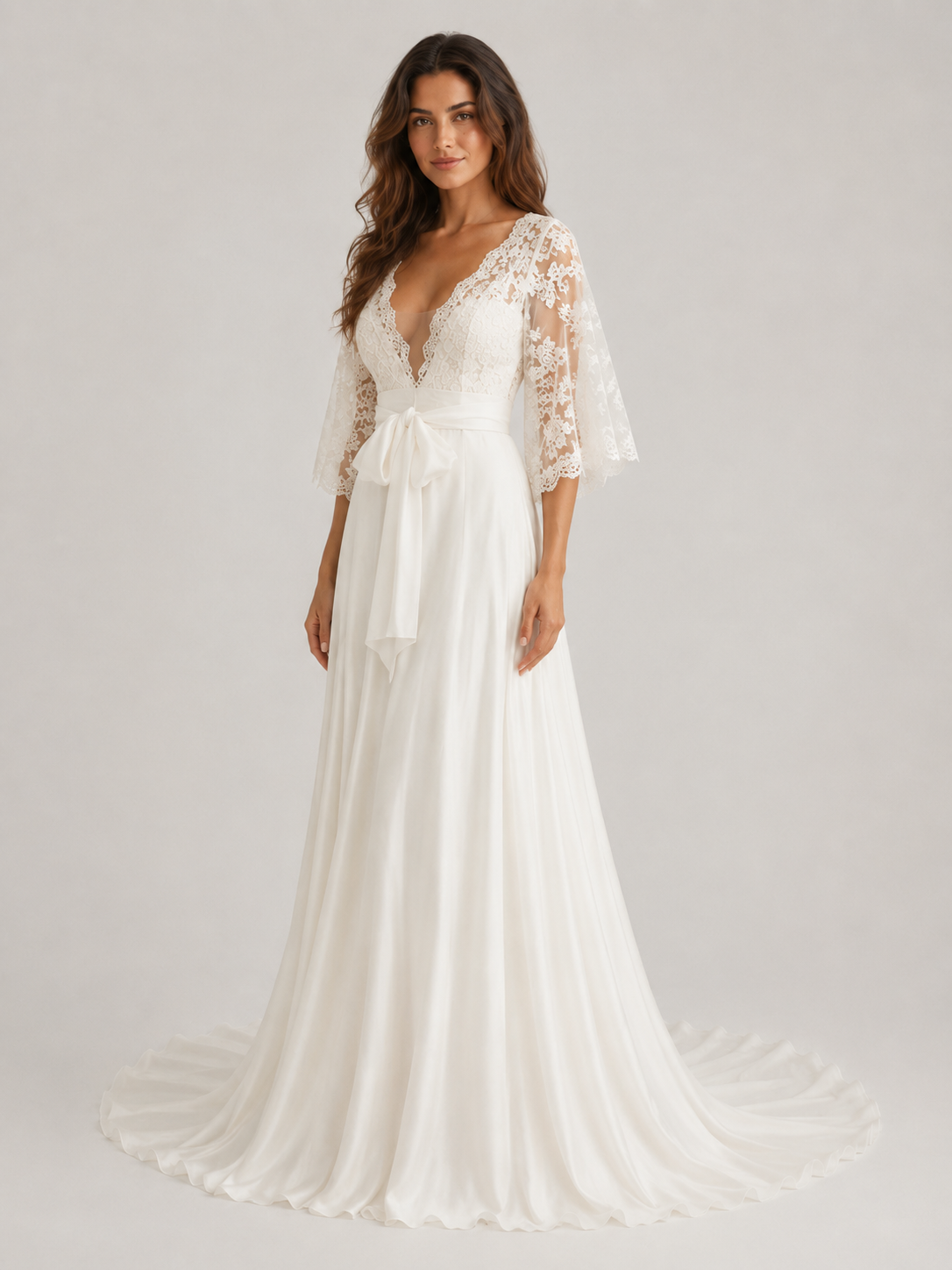 Elegant Lace Bell Sleeve A-Line Wedding Dress with Sweep Train