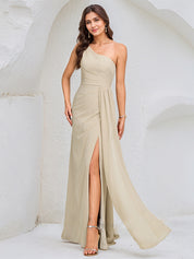 Ivory A Line Chiffon One Shoulder Sleeveless Floor Length Dress With High Slit