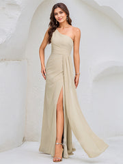 Ivory A Line Chiffon One Shoulder Sleeveless Floor Length Dress With High Slit