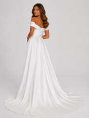 Elegant Off-the-Shoulder Ruched Satin A-Line Wedding Dress with High Slit and Chapel Train