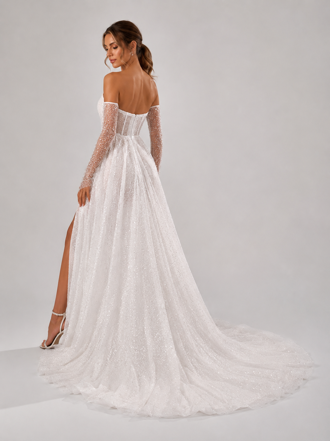 Elegant Off-the-Shoulder Sparkly Tulle A-Line Wedding Dress with High Slit and Chapel Train