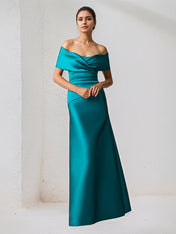 A Line Off The Shoulder Floor Length Satin Mother Of The Bride Dress