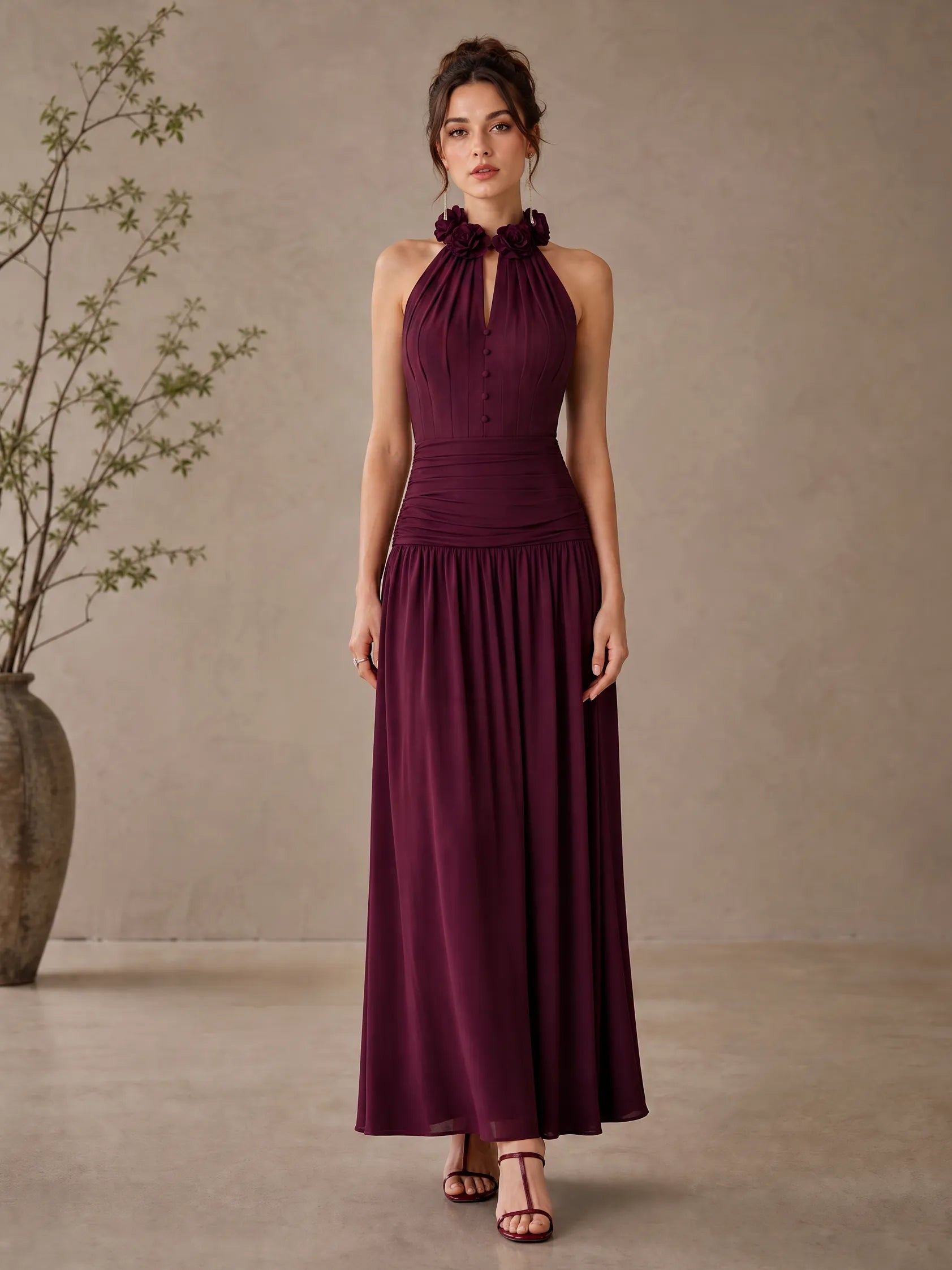 Halter Floral Neckline Pleated A-Line Gown Bridesmaid Dress